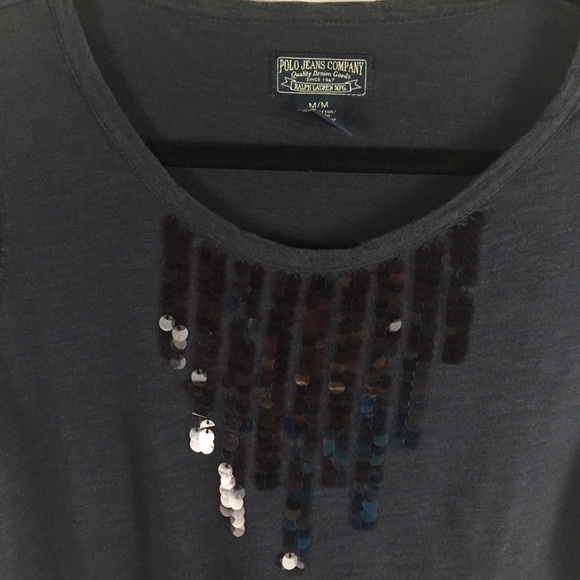 ☃️3 for $23 ☃️ Polo Jeans Navy Sequined Scoop Neck Cap Sleeved T - Picture 3 of 7